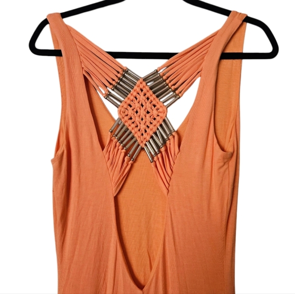 Bebe Stretch Jersey Knit Orange Sleeveless Maxi Dress Gold Beaded Detail sz SM - Picture 4 of 6